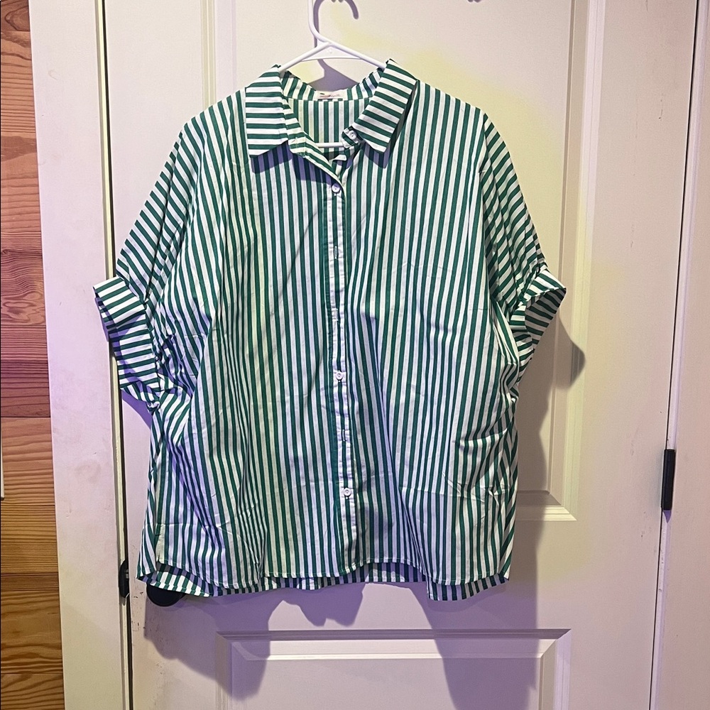Green and White Striped Button-Up Shirt
